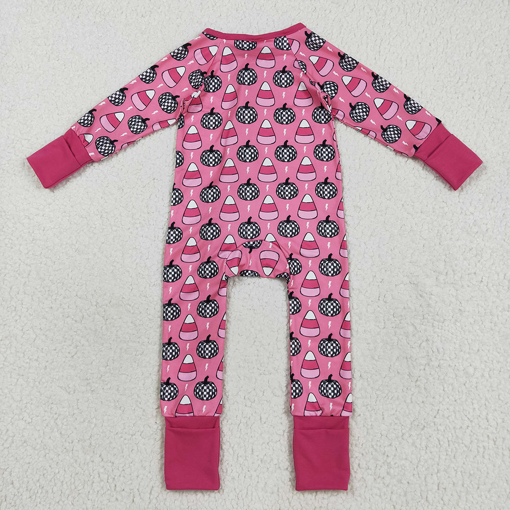 RTS NO MOQ (In stock)LR2467Baby Girls Winter Rompers Baby Girls Fall Pumpkins Candy Zipper Footie Rompers