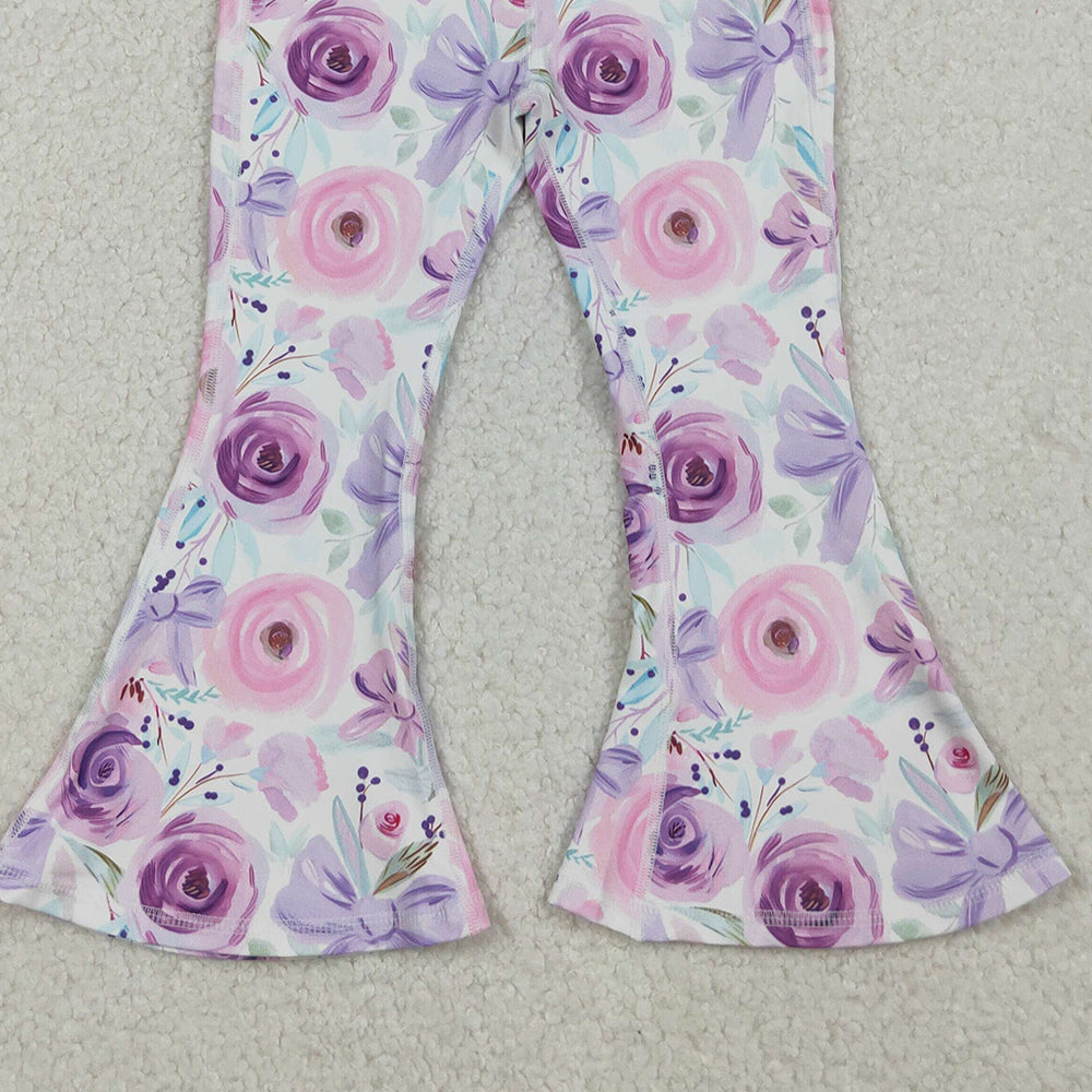 RTS NO MOQ (In stock)P0774 Baby Girls Pants Purple Flower Bows Bell Bottom Yoga Pants