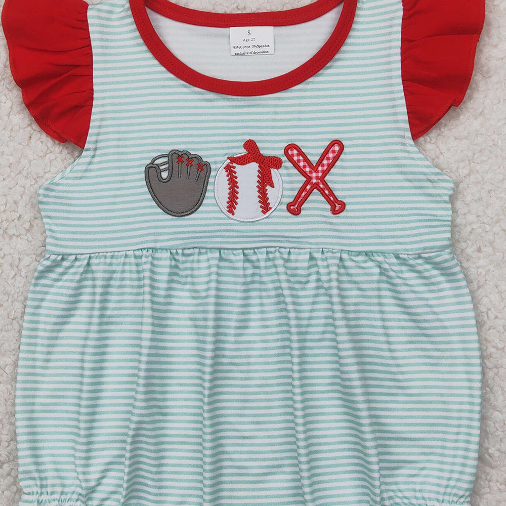 5.20 SR2892 RTS NO MOQ Baby Girls Summer Rompers Embroidery Flutter sleeves stripe baseball baby girls romper