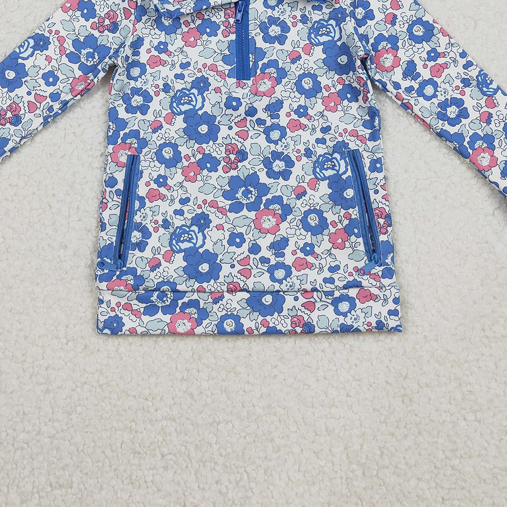 10.11 RTS NO MOQ (In stock)GT1192 Baby Girls Long Sleeve Tops Baby Girls Blue Pink Floral Zipper Pockets Yoga Active Pullovers Top
