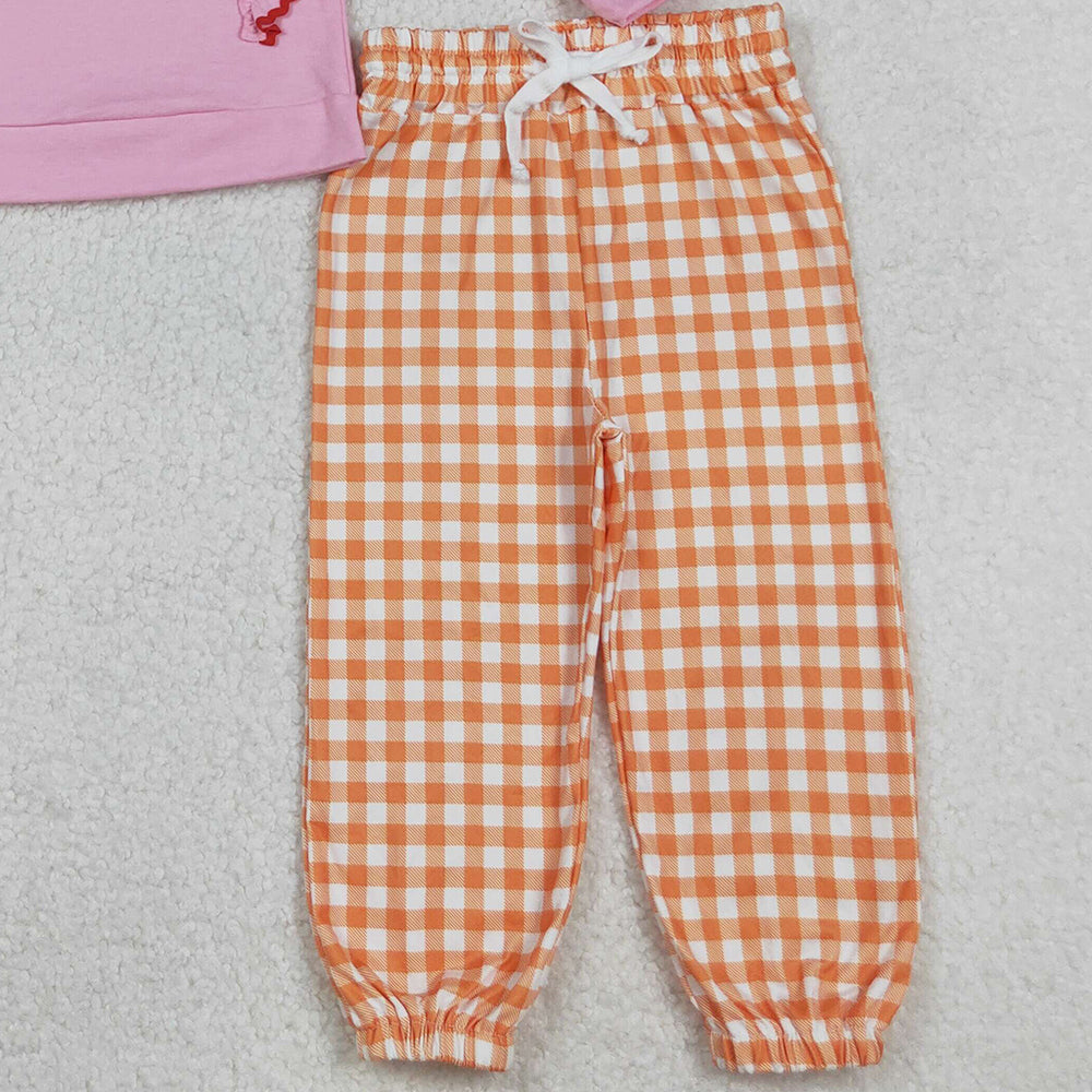RTS NO MOQ (In stock)GLP2442 Baby Girls Winter Outfits Pink Long Sleeves Turkey Pumpkins Print Top with Orange Checkered Pants Outfit