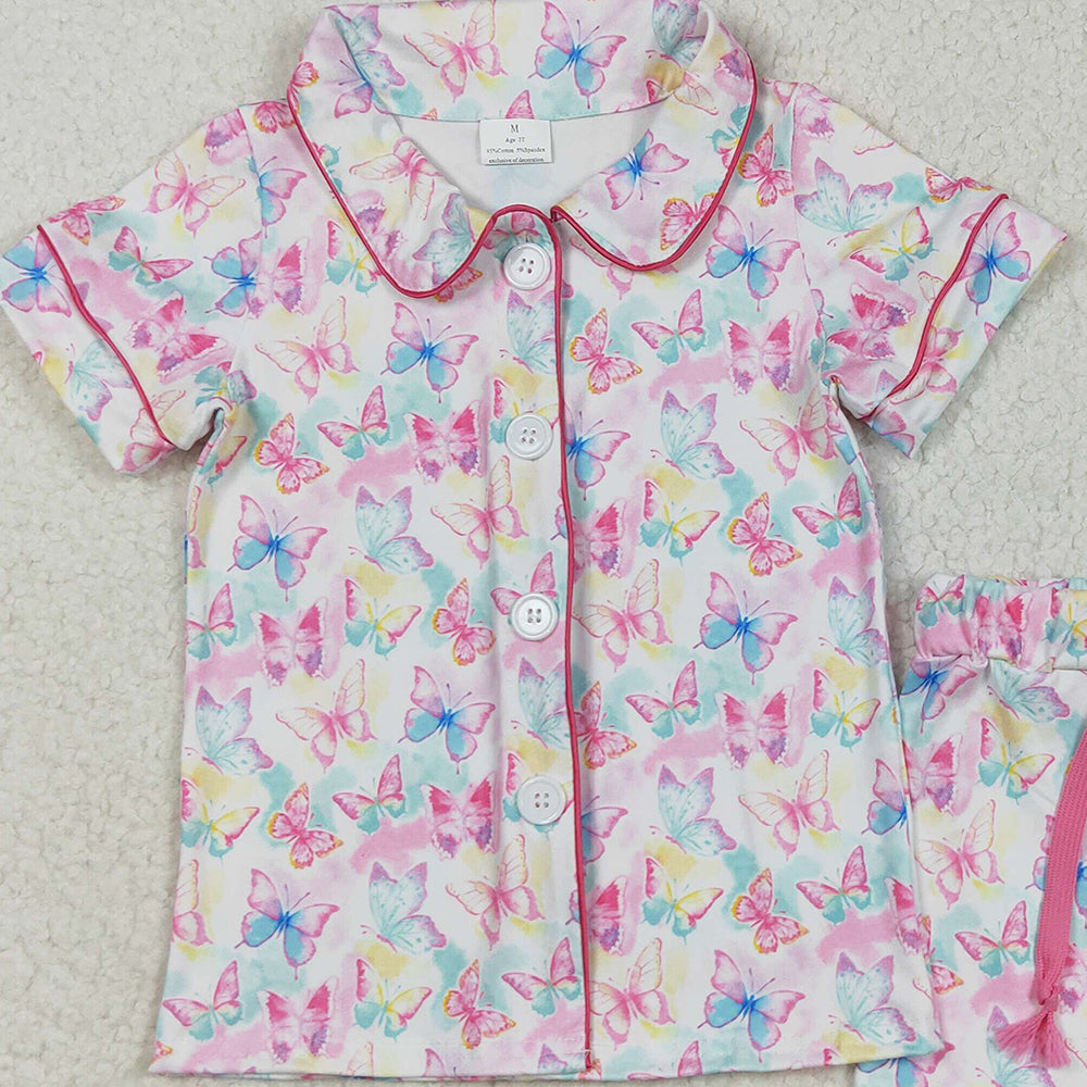 GSSO2601 RTS NO MOQ Baby Girls Summer Outfits Baby Girls Short Sleeves Colorful Butterfly Butter Top Short Pajamas Set
