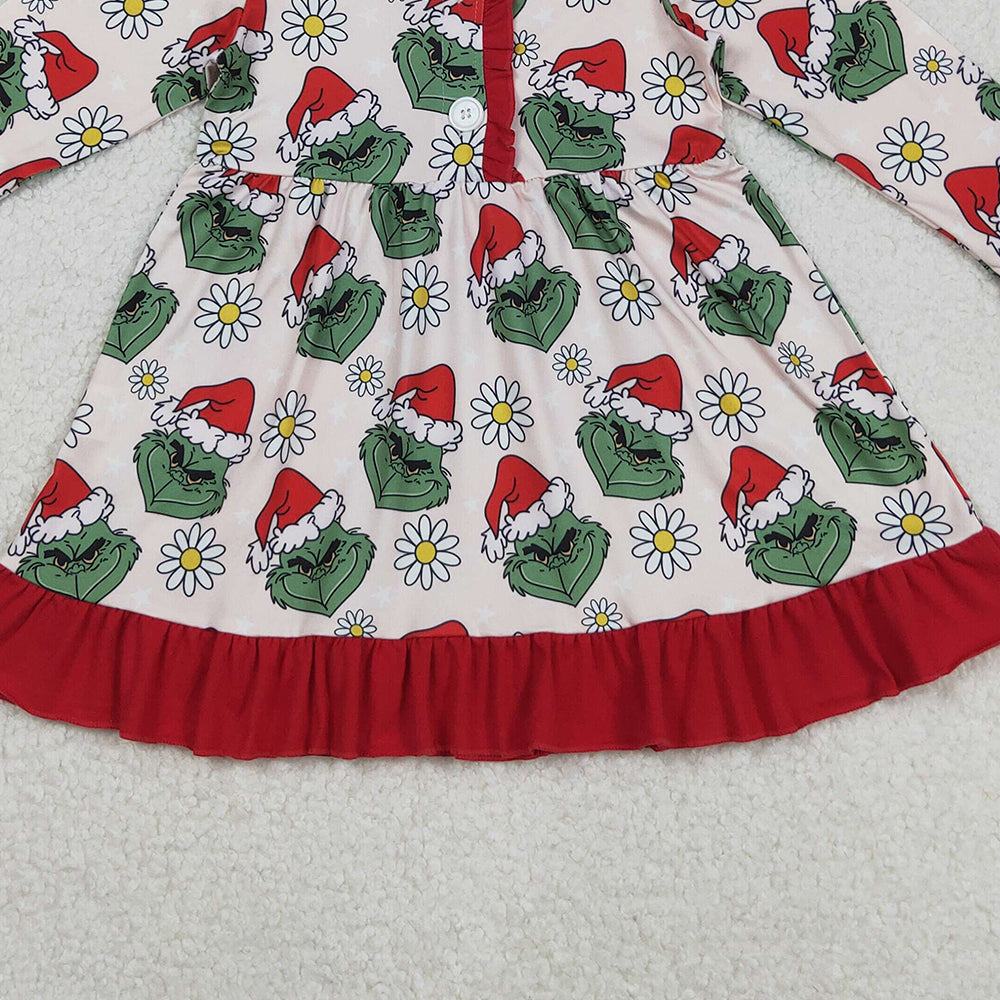 RTS NO MOQ (In stock)GLD1230 Baby Girls Winter Dress Button Christmas Green Face Flowers Knee Length Dress