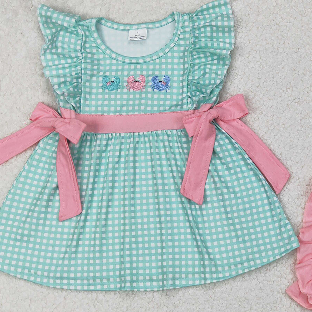 6.13 GSSO2017 RTS NO MOQ Baby Girls Summer Outfits Flutter sleeves plaid crab tunic pink shorts girls clothes