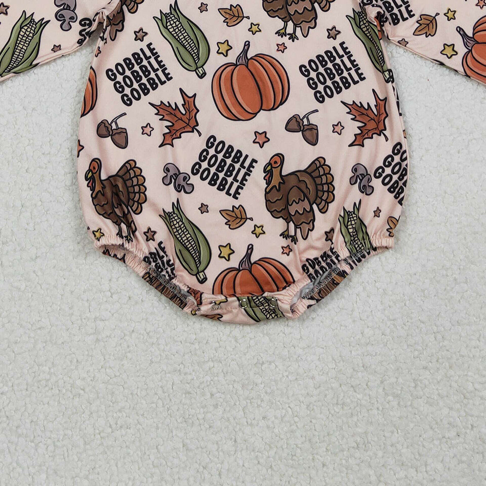 RTS NO MOQ (In stock)LR2447 Baby Boys Winter Rompers Thanksgiving Turkey Pumpkins Gobble Rompers
