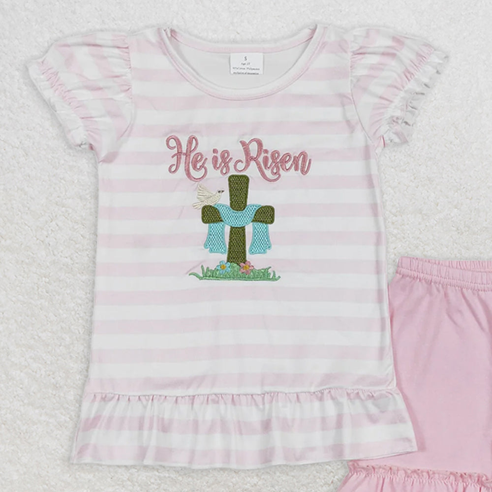 GSSO0382 RTS NO MOQ Baby Girls Summer Outfits He is risen embroidered cross pink and white striped shorts set