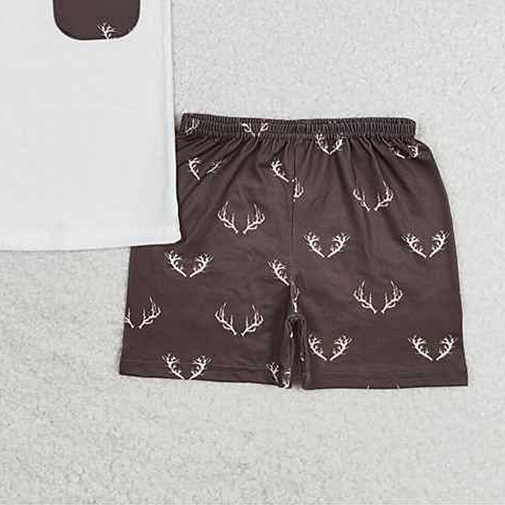 BSSO0896Boys Short Sleeve Deer Pocket Top Shorts Set Casual Comfortable Clothing for Kids