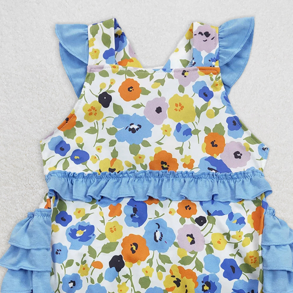 SR0824 RTS NO MOQ Baby Girls Summer Rompers Baby Girls Blue Flowers Tunic Ruffle Sibling Sister Rompers Dresses Clothes Sets