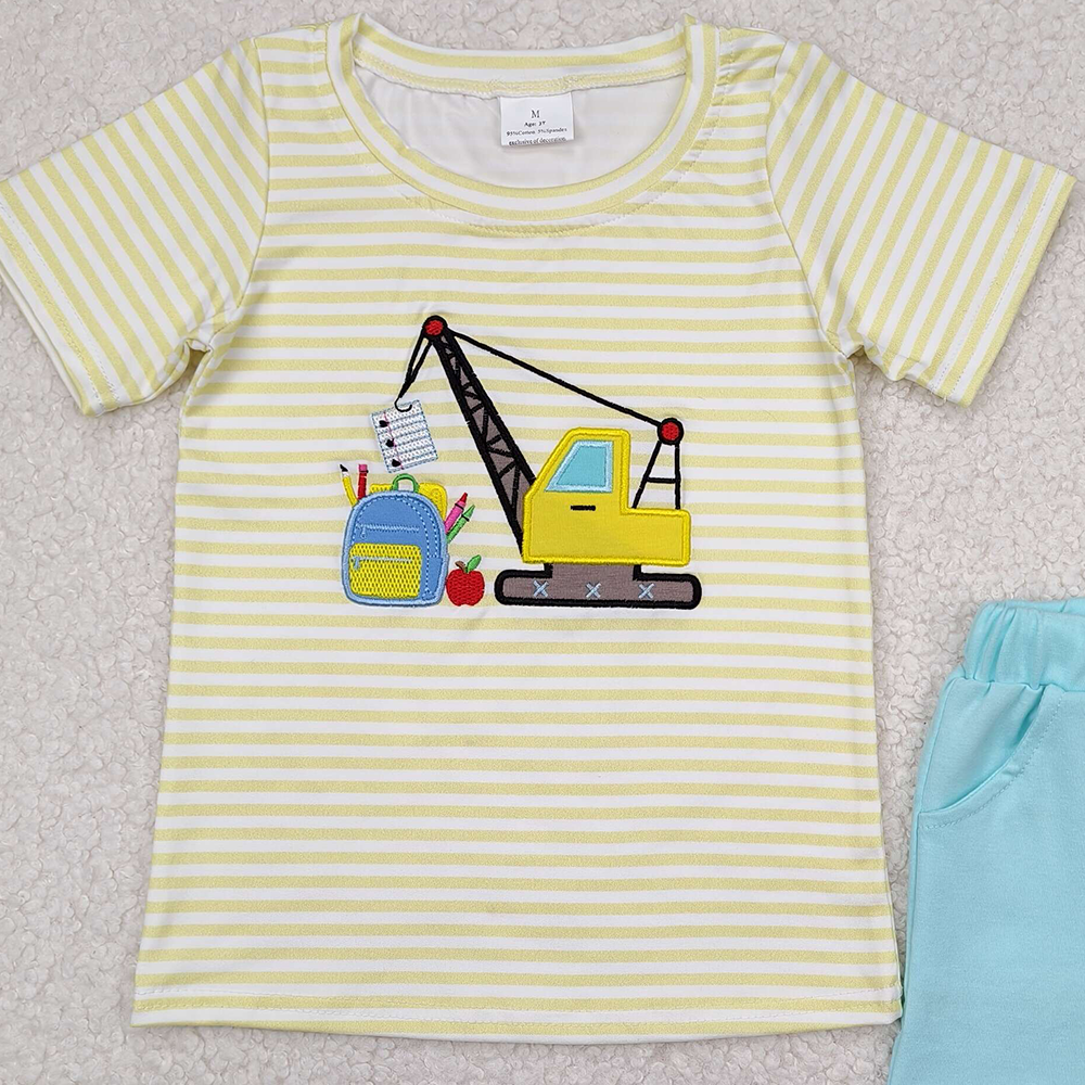 BSSO1417RTS NO MOQ Baby Boys Summer Boys Outfits Constructions apple book top shorts boys back to school clothes