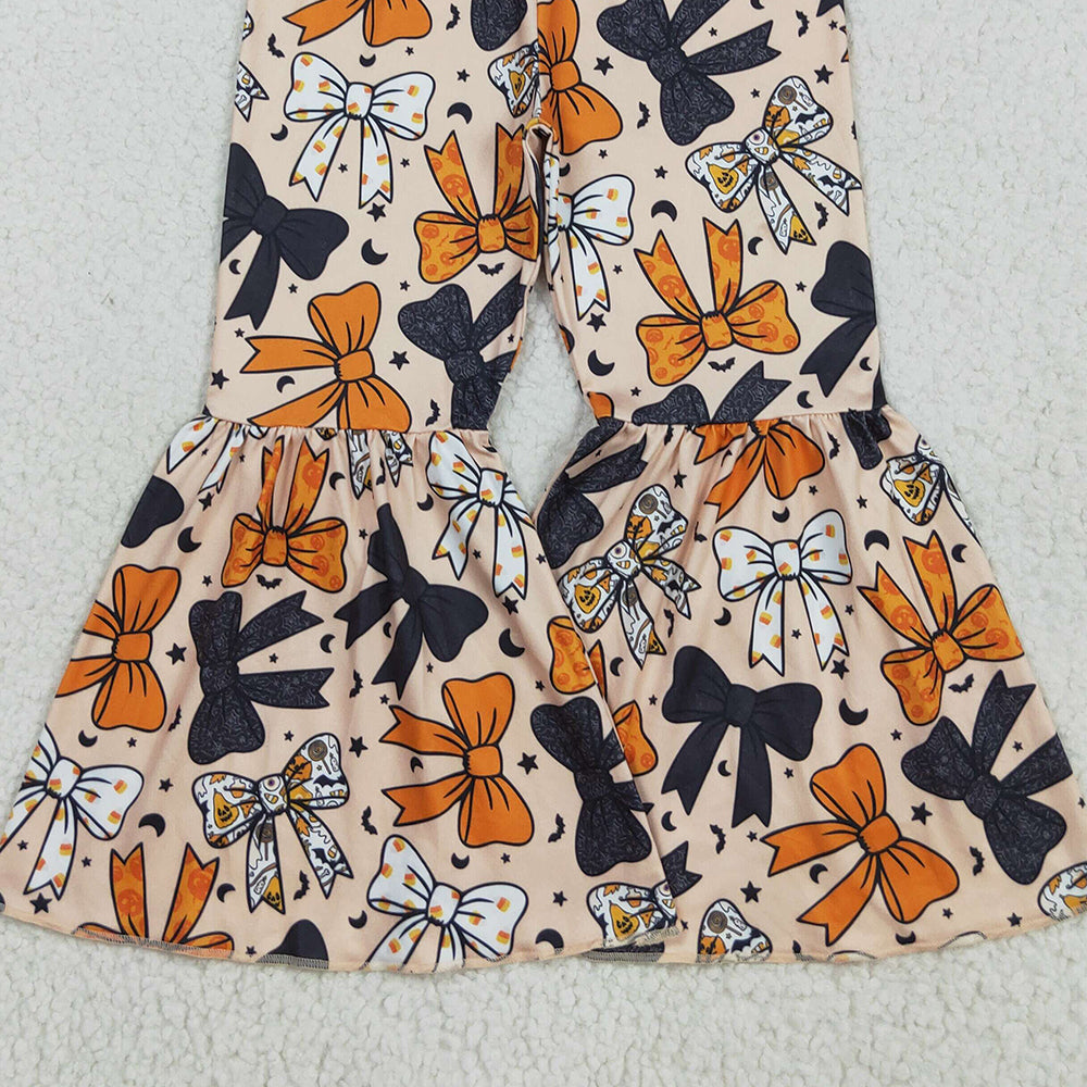 RTS NO MOQ (In stock)P0776 Baby Girls Pants Baby Girls Halloween Orange Black Bows Bell Bottom Pants
