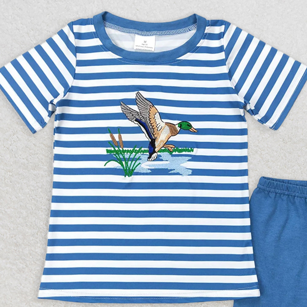 BSSO0308 RTS NO MOQBaby Boys Summer Boys Outfits Baby Boys Blue Stripes Duck Tee Shirts Tops Shorts Clothing Sets