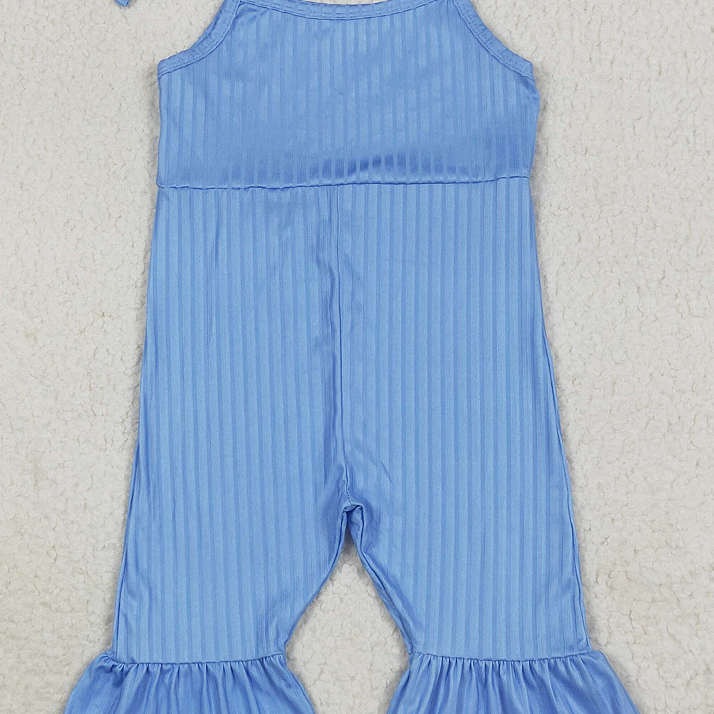 RTS NO MOQ (In stock)SR3159 Baby Girls Summer Jumpsuits Baby Girls Blue Strap Bell Bottom Ribbed Jumpsuits