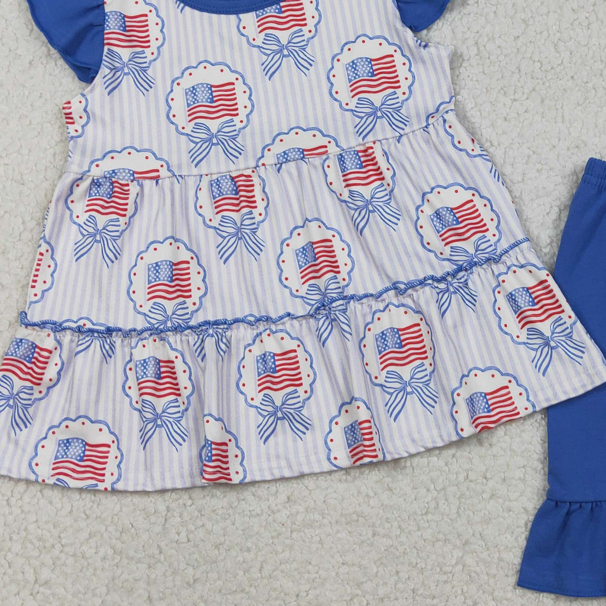 3.28 RTS NO MOQ (In stock)GSSO3296 Flutter sleeves bow flag tunic shorts girls 4th of july set