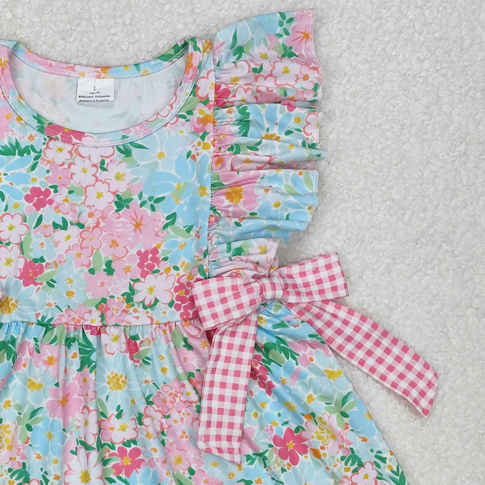 GSD1962Floral Pink Plaid Bow Baby Girls Sleeveless Summer Dress Cute Children's Clothing