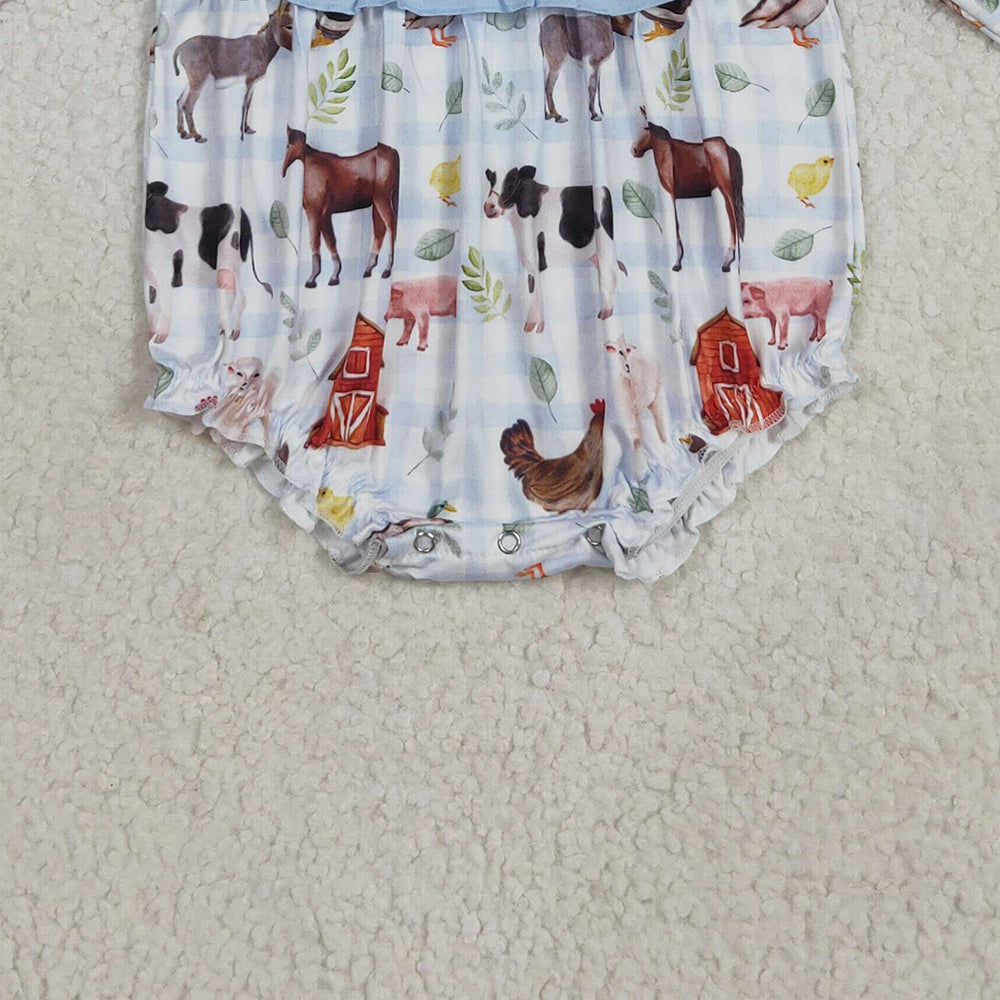 RTS NO MOQ (In stock)LR2362 Baby Girls Winter Rompers Baby Girls Long Ruffle Sleeves Farm Houses Chicks Rompers
