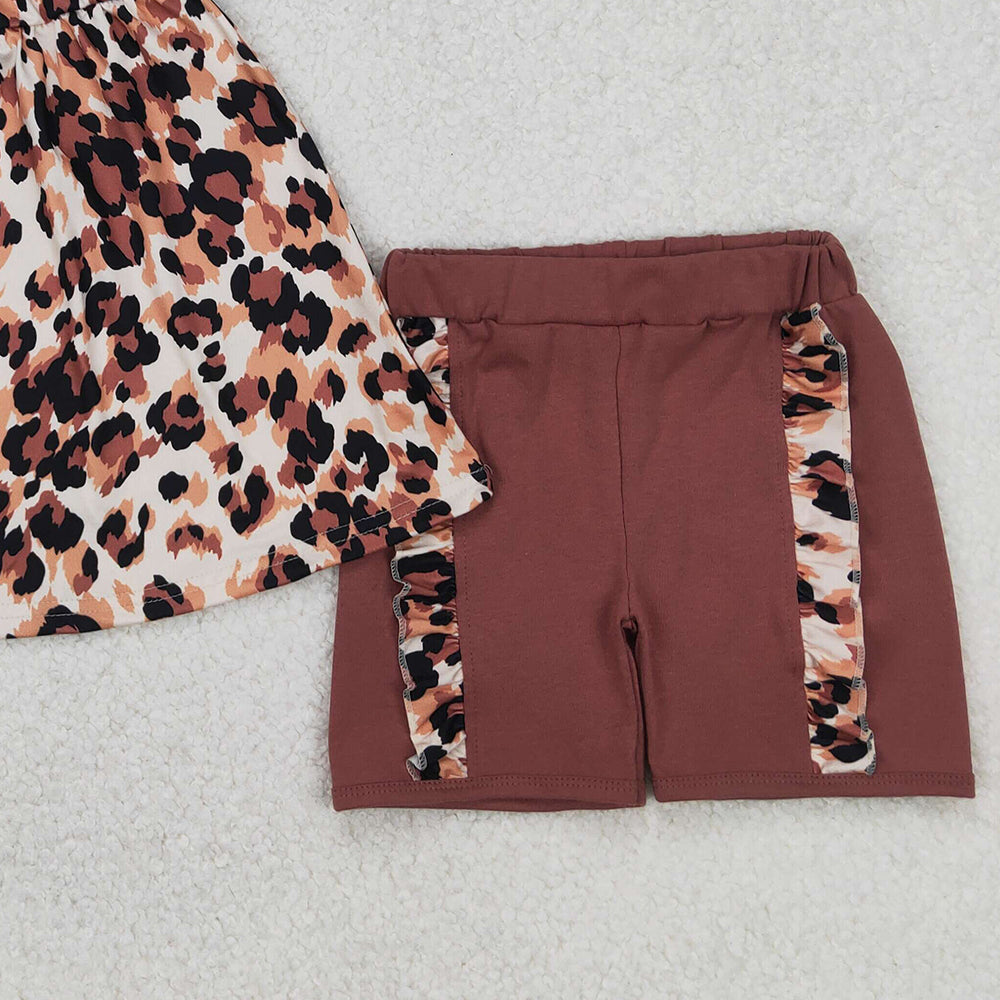 4.10 GSSO2352 RTS NO MOQ Baby Girls Summer Outfits Brown straps leopard tunic ruffle shorts girls clothes