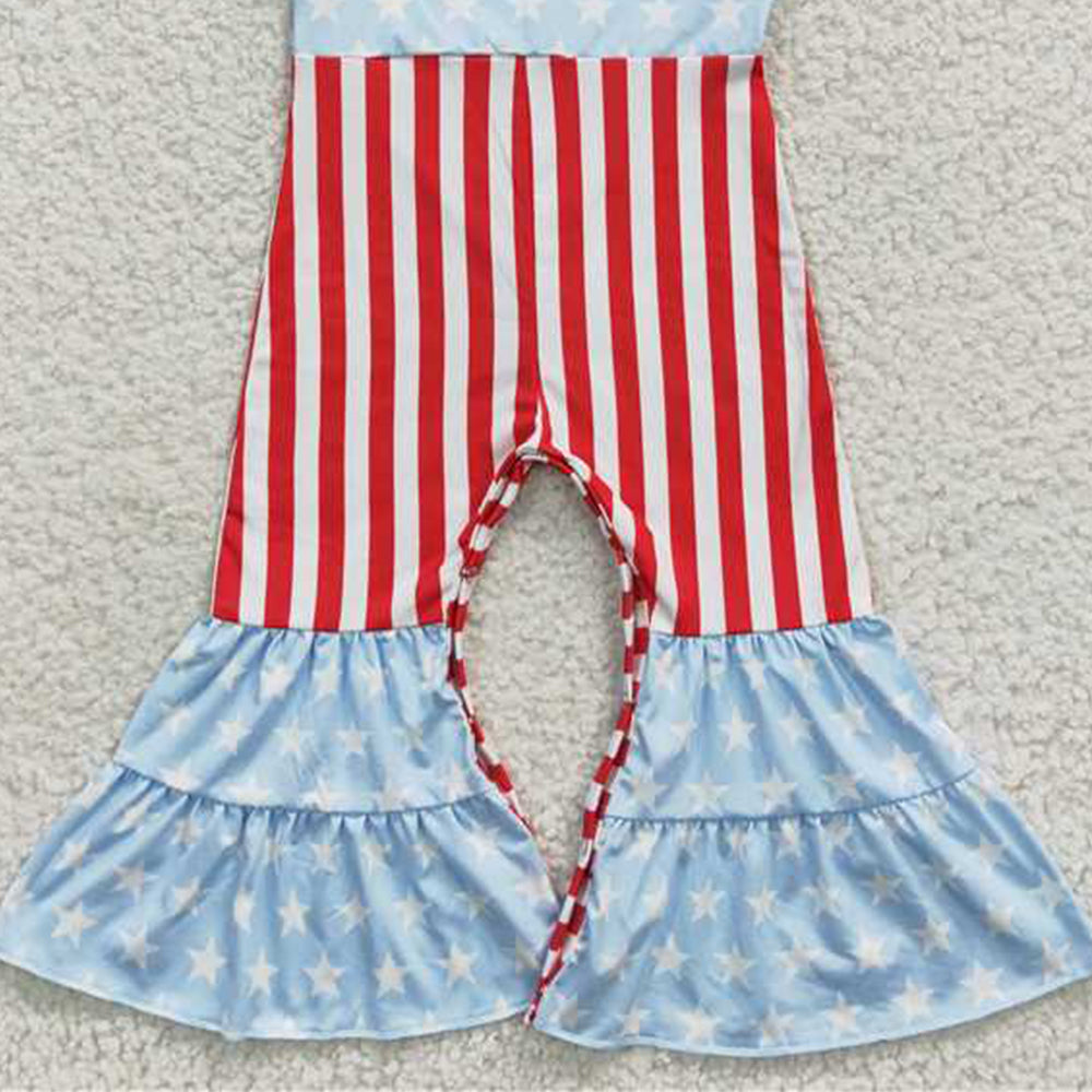 6.09 SR0385 RTS NO MOQ Baby Girls Summer Jumpsuits Sleeveless stripe bell bottom girls 4th of july jumpsuit
