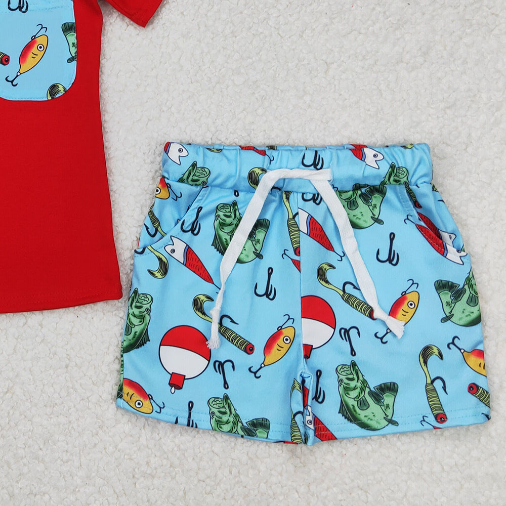 4.18 BSSO1289 RTS NO MOQ Red short sleeves pocket top fishing shorts boys clothes