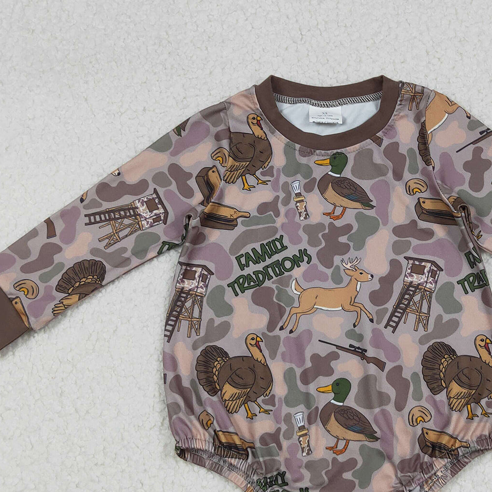 9.29 RTS NO MOQ (In stock)LR2440 Baby Boys Winter Rompers Baby Boys Brown Camo Turkey Ducks Hunting Rompers
