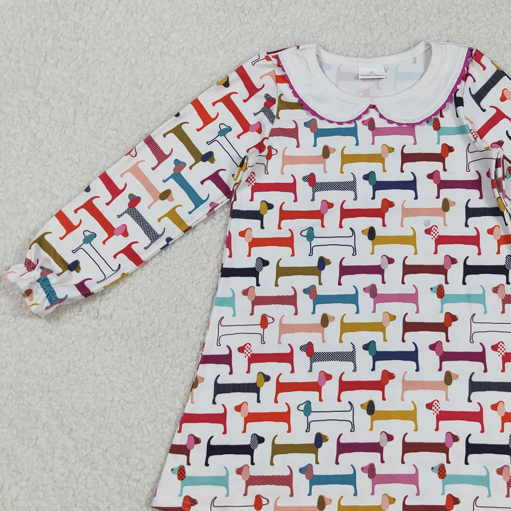 RTS NO MOQ (In stock)GLD0471 Baby Girls Winter Dress Valentines Day Colorful Dogs Knee-Length Dresses Red Love Heart Print Cotton Maxi Skirt with Pockets