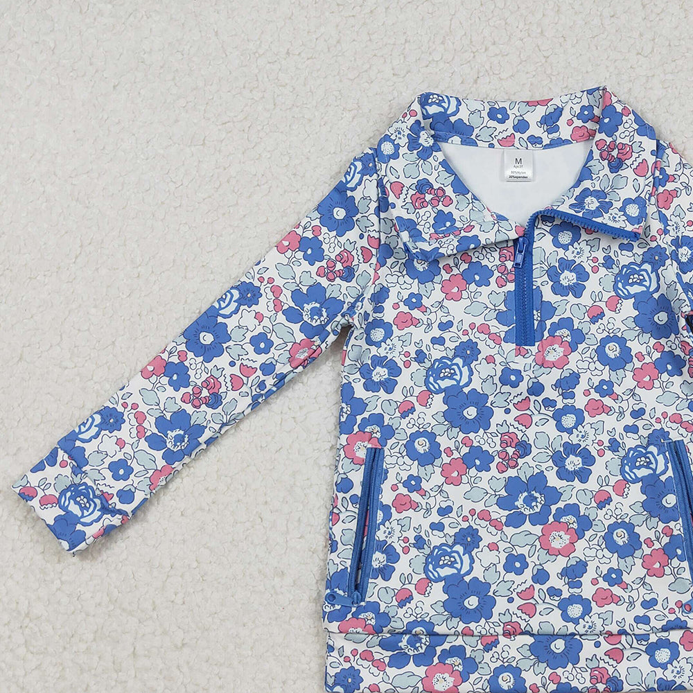 10.11 RTS NO MOQ (In stock)GT1192 Baby Girls Long Sleeve Tops Baby Girls Blue Pink Floral Zipper Pockets Yoga Active Pullovers Top