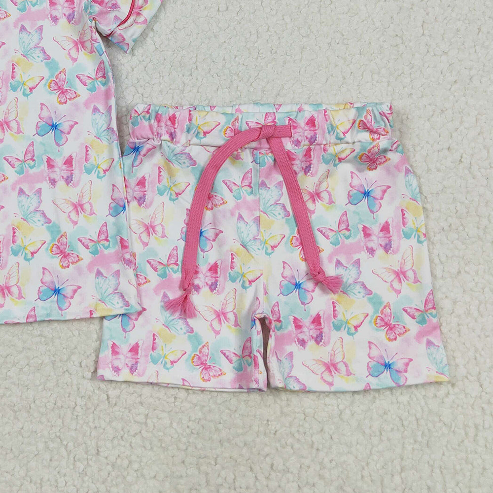 GSSO2601 RTS NO MOQ Baby Girls Summer Outfits Baby Girls Short Sleeves Colorful Butterfly Butter Top Short Pajamas Set