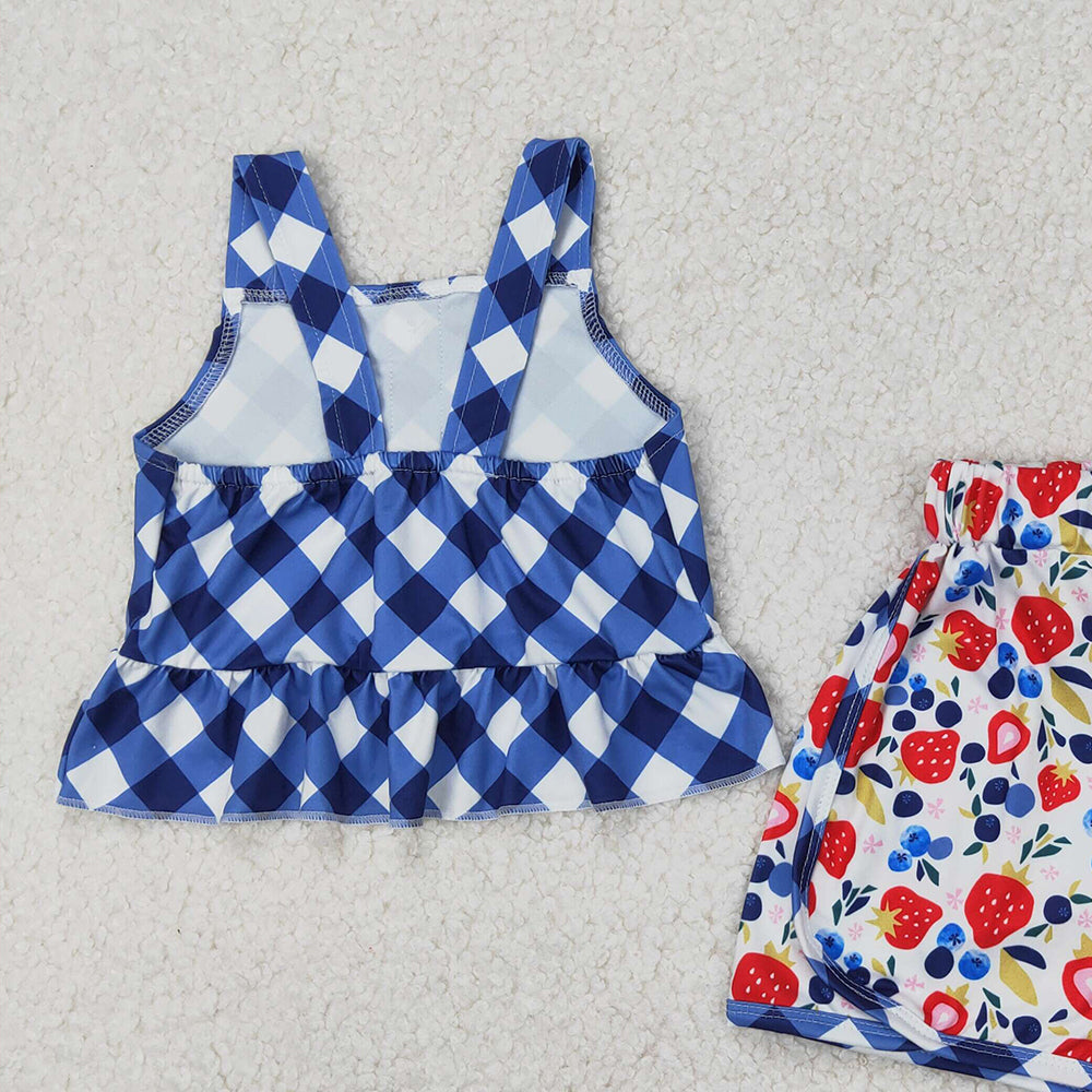 6.11 GSSO2025 RTS NO MOQ Baby Girls Summer Outfits Baby Girls Blue Plaid Sleeveless Button Down Tunic Strawberry Short Set