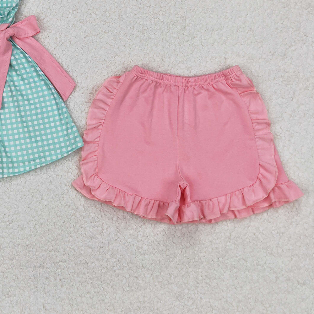 6.13 GSSO2017 RTS NO MOQ Baby Girls Summer Outfits Flutter sleeves plaid crab tunic pink shorts girls clothes