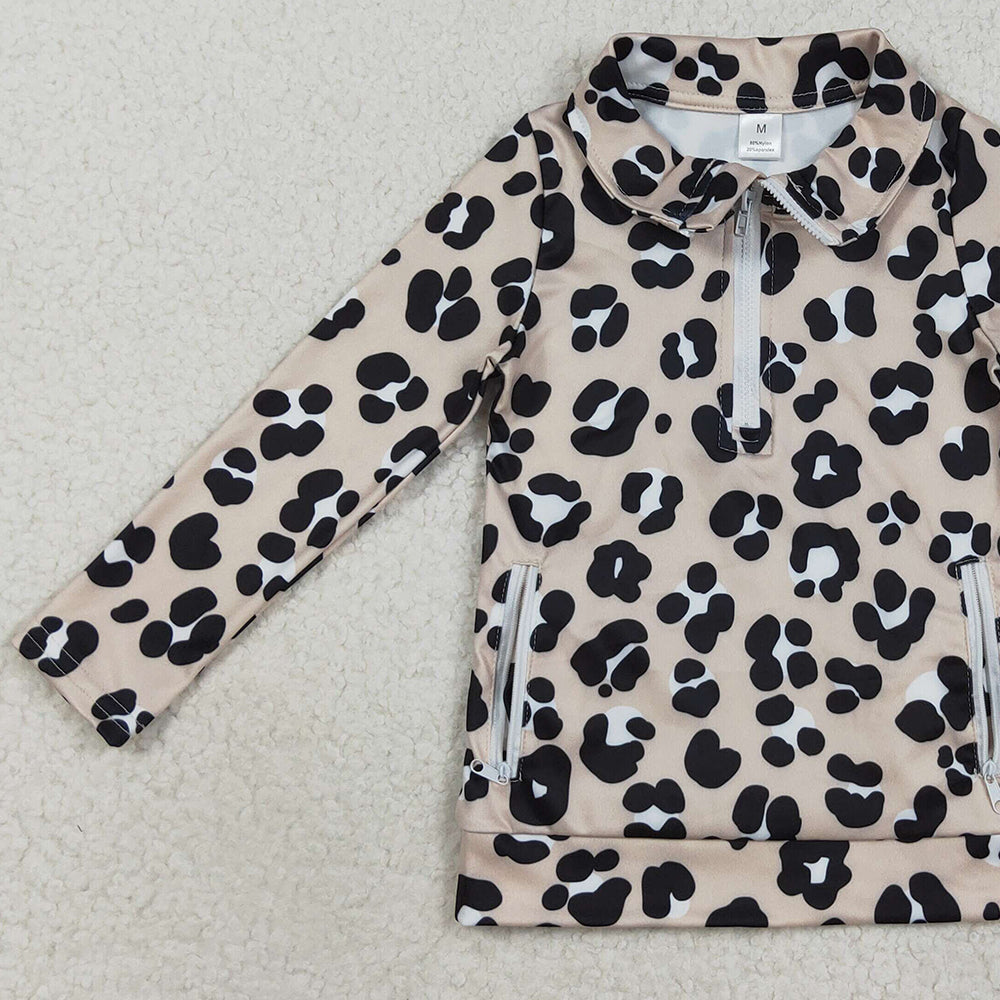 8.22 RTS NO MOQ (In stock)GT1072 Baby Girls Yoga Tops Baby Girls Long Sleeves Black Leopard Pockets Zipper Yoga Jackets