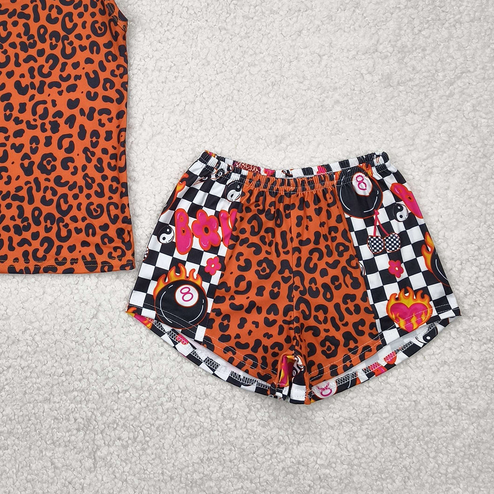 GSSO2391RTS NO MOQ Baby Girls Summer Outfits Girls Sleeveless Leopard Print Top with Plaid Patchwork Shorts Set Fashionable Animal Pattern Outfit for Kids