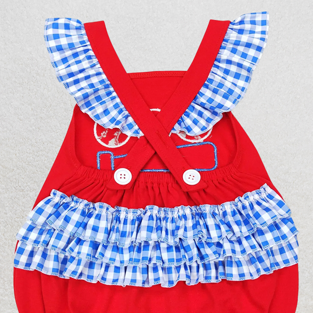 6.16 SR0686 RTS NO MOQ Baby Girls Summer Rompers Red baseball plaid ruffle baby girls romper