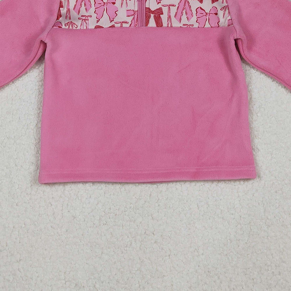 RTS NO MOQ (In stock)GT1149 Baby Girls Long Sleeve Tops Pink Bows Plaid Quatrefoil Zipper Pullover Sherpa Tops