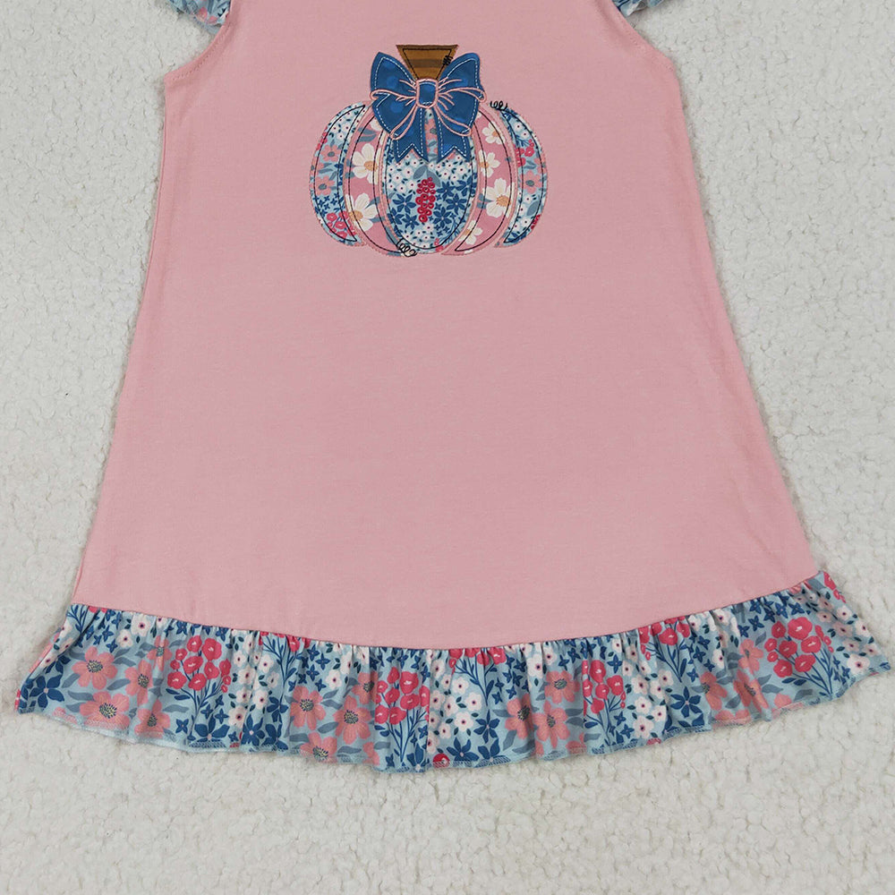 8.15 RTS NO MOQ (In stock) GSD2585 Baby Girls Summer Dress Baby Girls Pink Flutter Sleeves Floral Pumpkin Ruffle Knee Length Dresses