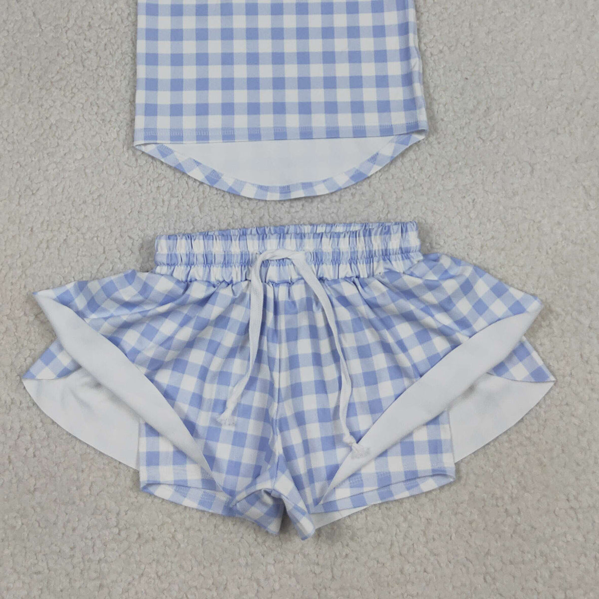 4.15 GSSO3479 RTS NO MOQ (In stock )Sleeveless blue plaid top shorts girls active wear set