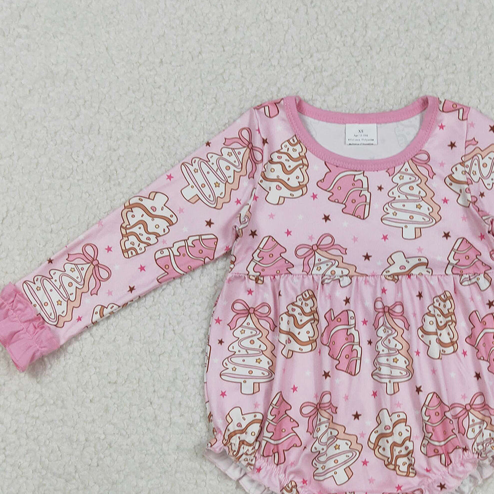 RTS NO MOQ (In stock)LR2301 Baby Girls Winter Rompers Long Sleeve Romper Pink Bow Christmas Tree Cake Design Cute Holiday Outfit for Little Ones