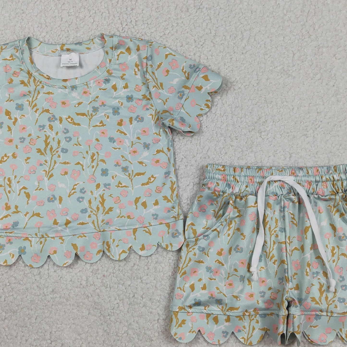 GSSO3266 RTS NO MOQ (In stock )Mint floral scallop short sleeves top shorts girls summer set