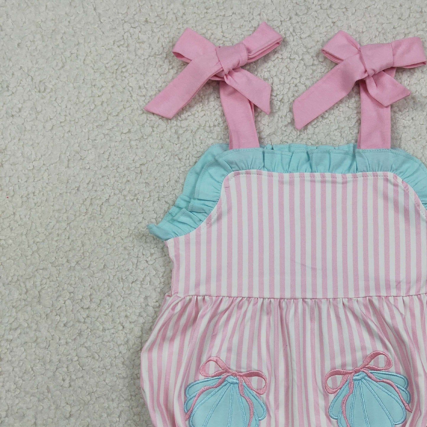 SR4127 RTS NO MOQ (In stock)Embroidery Shell Pockets Baby Girls Strap Pink Stripe Ruffle Rompers
