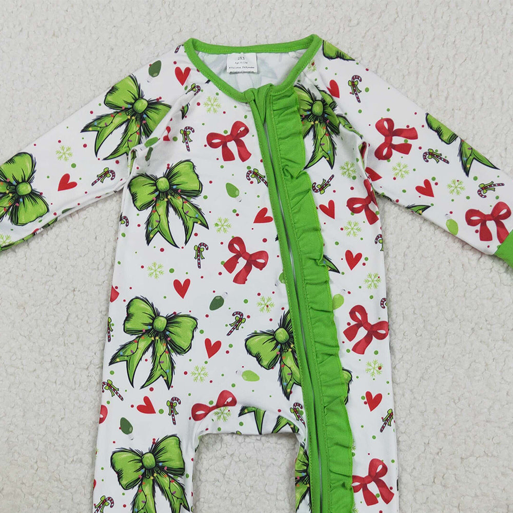8.21 RTS NO MOQ (In stock)LR2482 Baby Girls Winter Rompers Baby Girls Green Red Bows Hearts Christmas Ruffle Zipper Footie Rompers