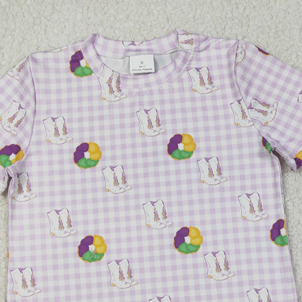 12.9 RTS NO MOQ (In stock)GSSO2740 Baby Girls Mardigras Boot Donuts Checked Top Pockets Shorts Clothes Sets