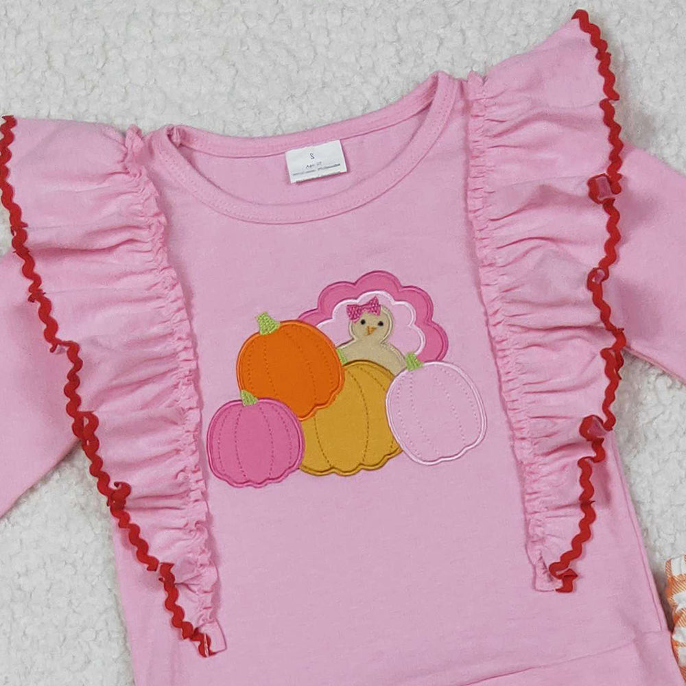 RTS NO MOQ (In stock)GLP2442 Baby Girls Winter Outfits Pink Long Sleeves Turkey Pumpkins Print Top with Orange Checkered Pants Outfit