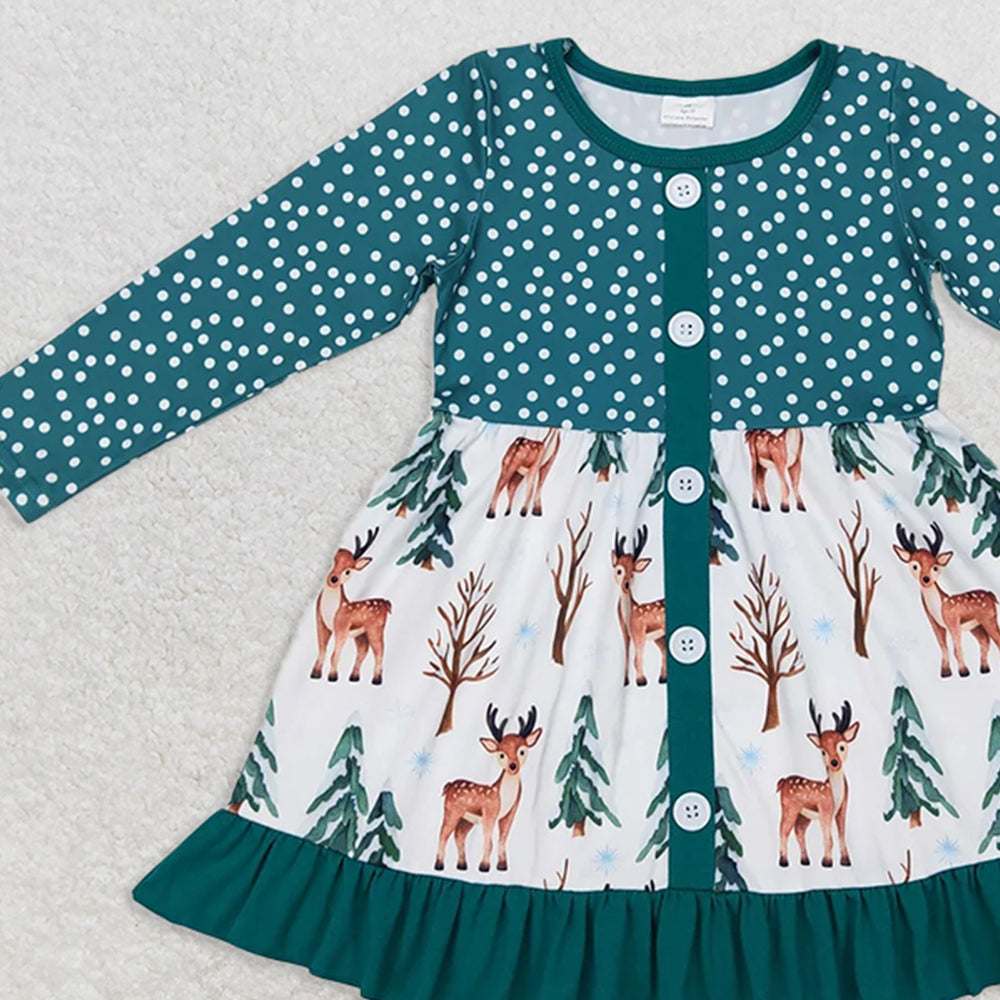 GLD0429 RTS NO MOQ Baby Girls Winter Dress Baby Girls Christmas Tree Deer Long Sleeve Ruffle Dresses