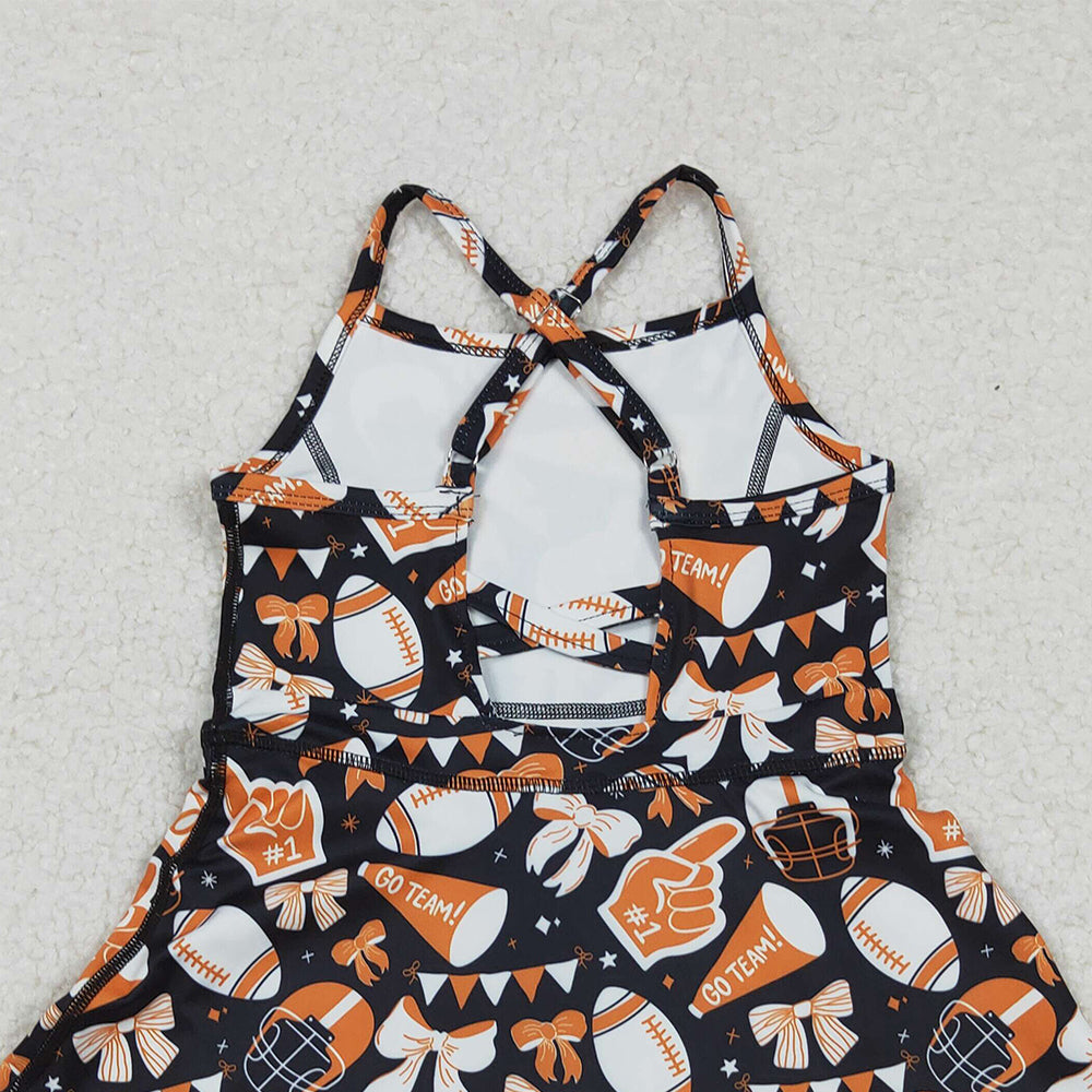 RTS NO MOQ (In stock)GSD2777 Baby Girls Yoga Dress Baby Girls Strap Bows Footballs Shorts Team Yoga Active Knee Length Dress