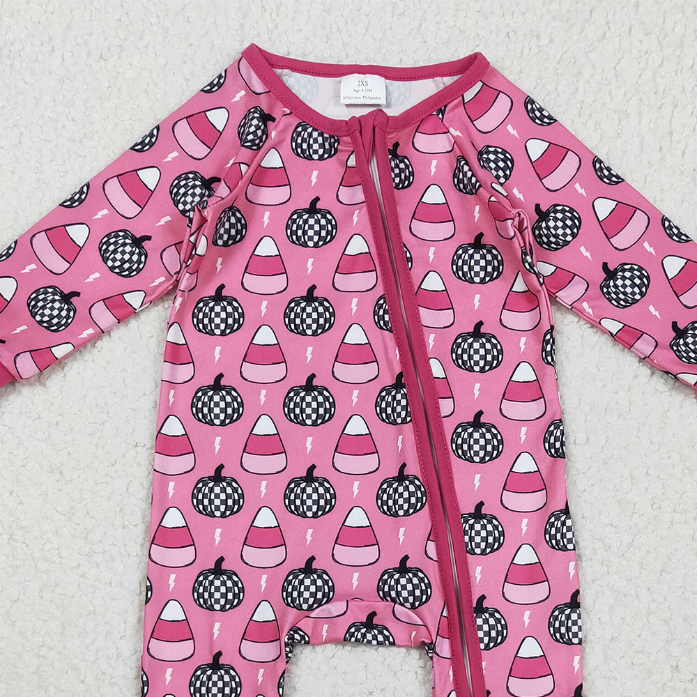 RTS NO MOQ (In stock)LR2467Baby Girls Winter Rompers Baby Girls Fall Pumpkins Candy Zipper Footie Rompers