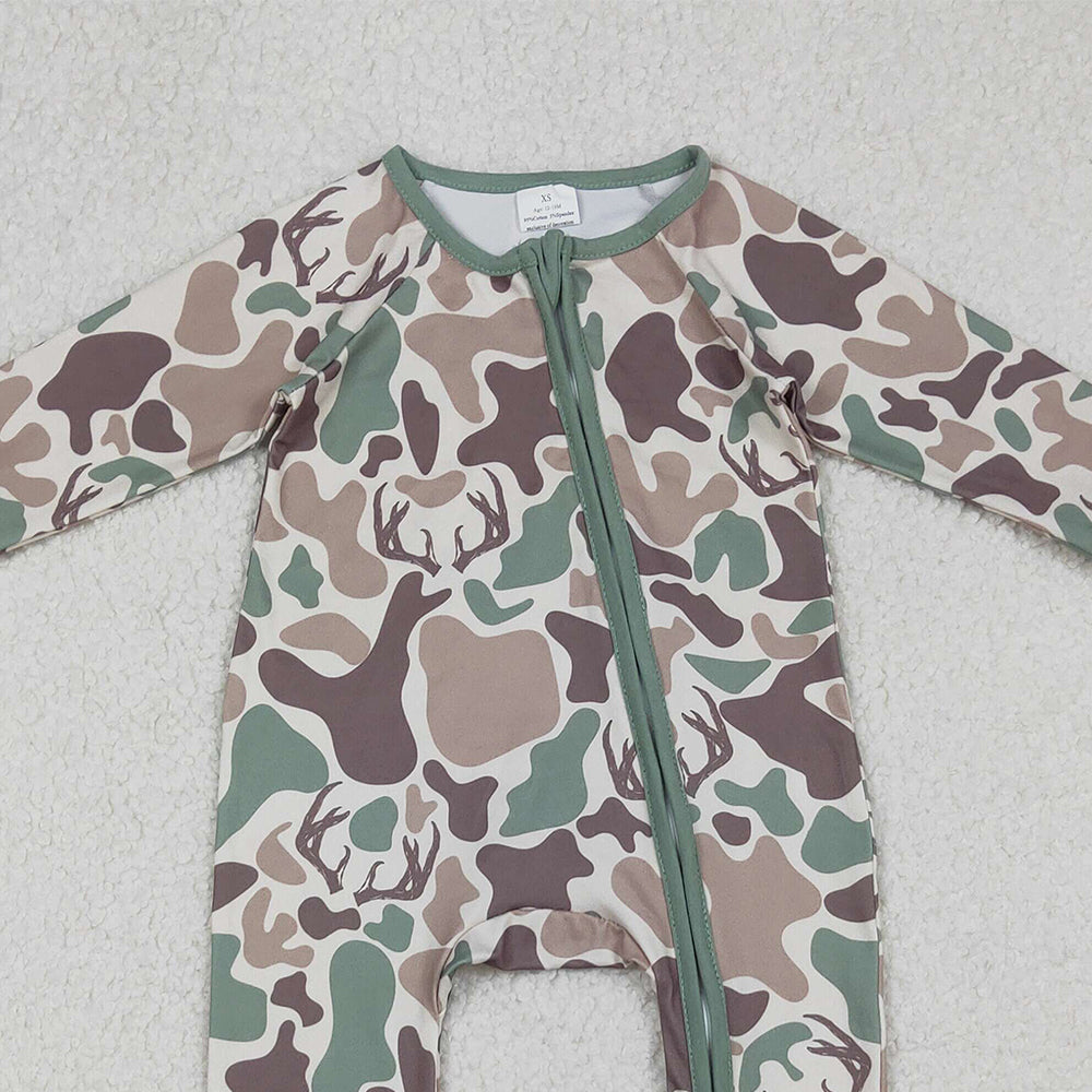RTS NO MOQ (In stock)LR2582 Baby Boys Winter Rompers Brown Deer Camo Western Zipper Footie Rompers