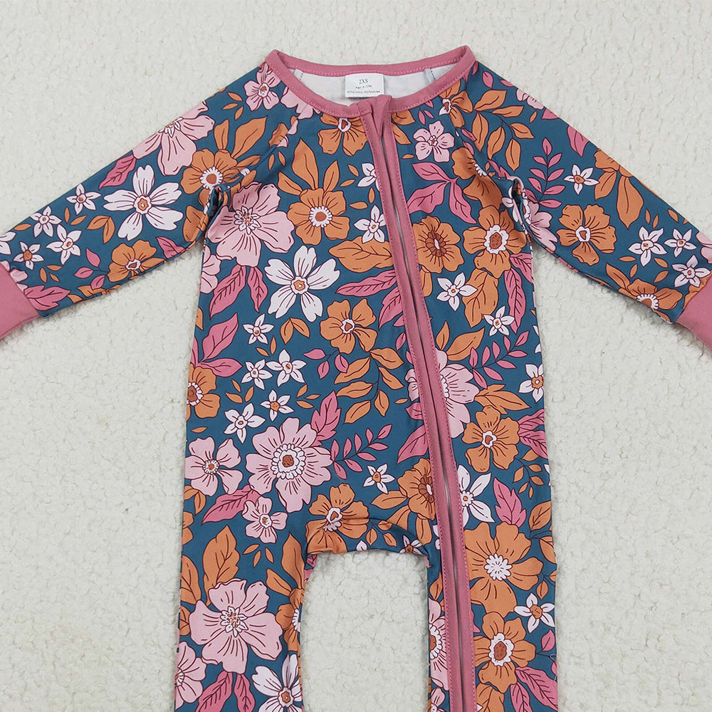 8.25 RTS NO MOQ (In stock)LR2244 Baby Girls Winter Rompers Baby Girls Lavender Long Sleeves Floral Zipper Rompers