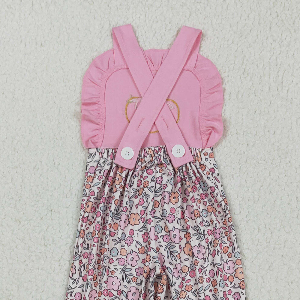 RTS NO MOQ (In stock)SR3176 Baby Girls Summer Jumpsuits Embroidery Bow Pumpkins Baby Girls Pink Strap Floral Ruffle Pant Jumpsuits