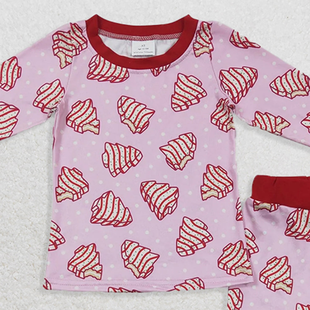 RTS NO MOQ (In stock) GLP0453 Baby Girls Winter Outfits Christmas tree biscuit polka dot pink long sleeve trousers suit