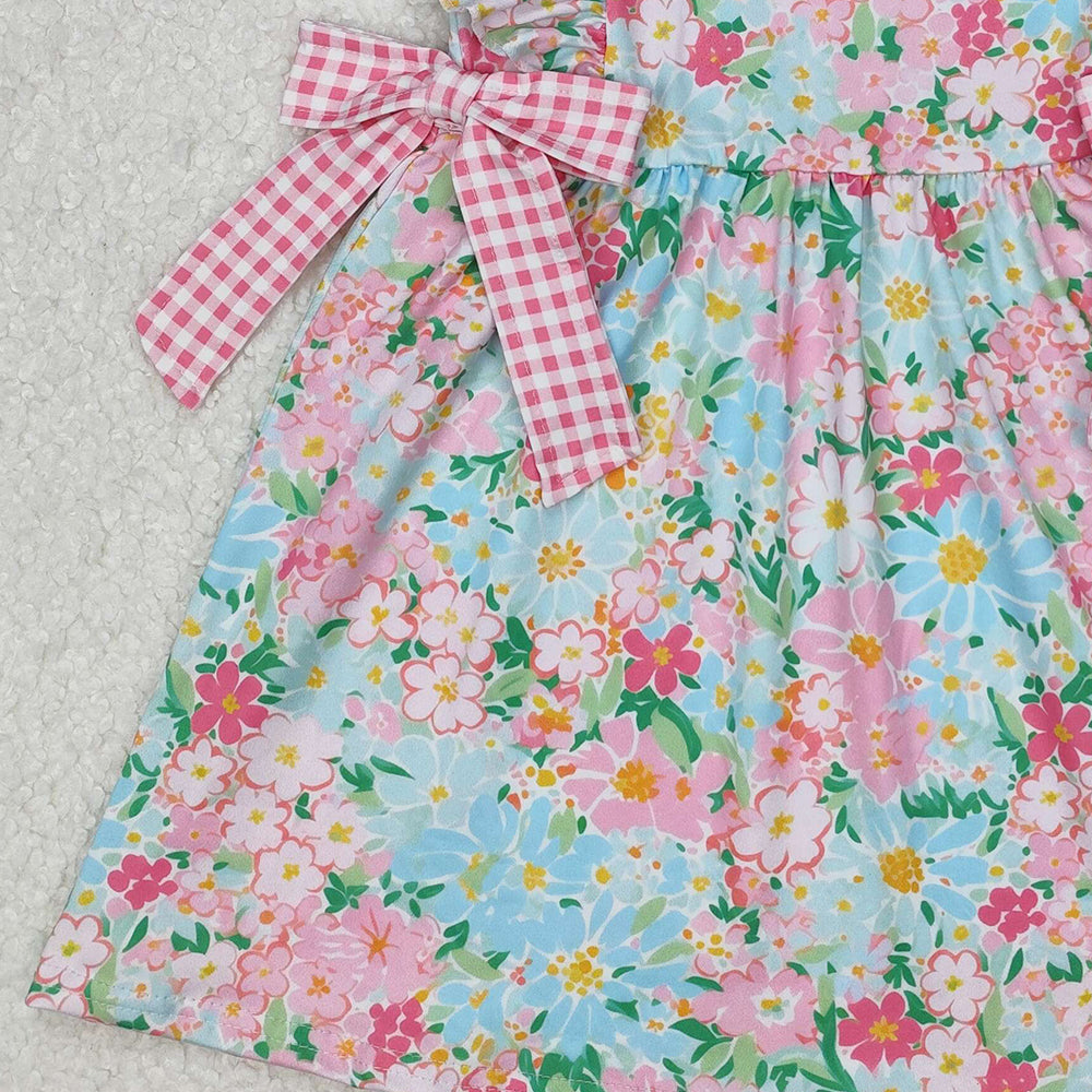 GSD1962Floral Pink Plaid Bow Baby Girls Sleeveless Summer Dress Cute Children's Clothing
