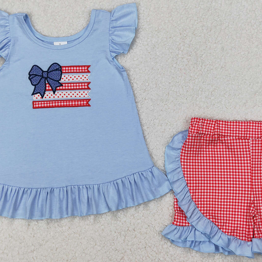 6.03 GSSO1822 New Rts No Moq 8-9 Days By Air Arrived it Flutter sleeves bow flag kids girls 4th of july outfits