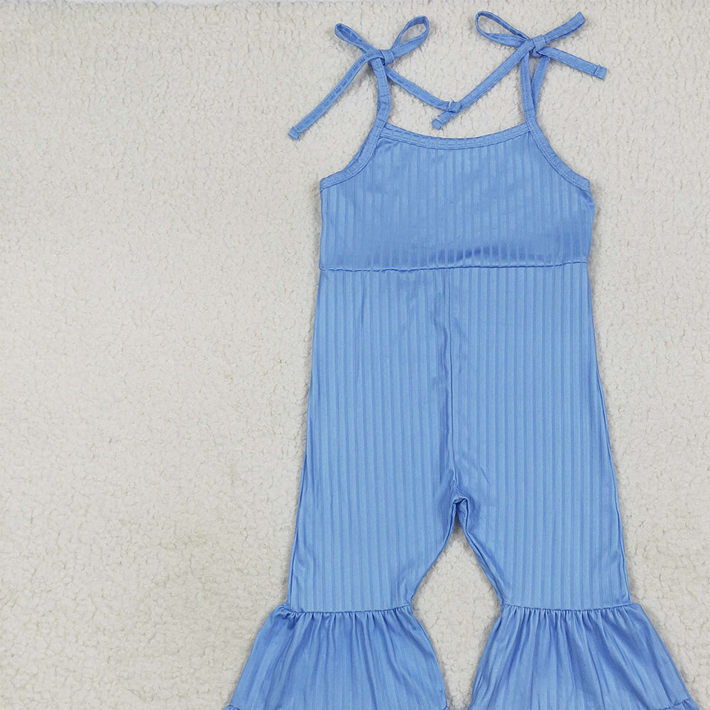 RTS NO MOQ (In stock)SR3159 Baby Girls Summer Jumpsuits Baby Girls Blue Strap Bell Bottom Ribbed Jumpsuits